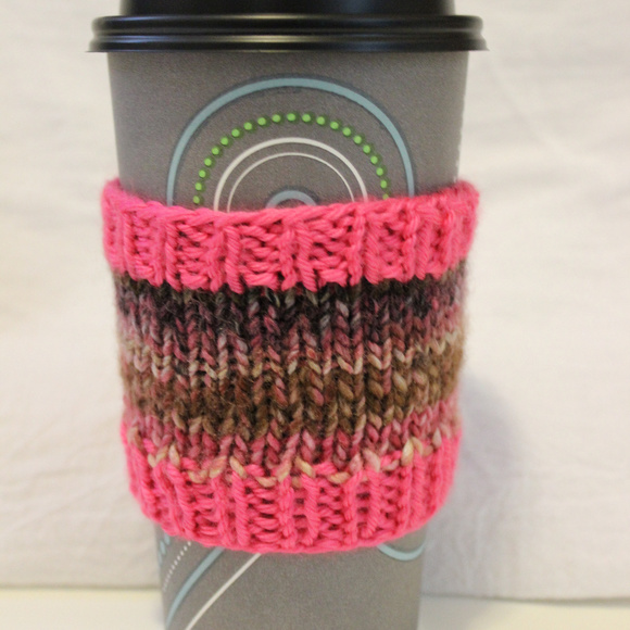 Hand-Knit Pink/Brown Coffee Cup Cozy - Picture 2 of 3