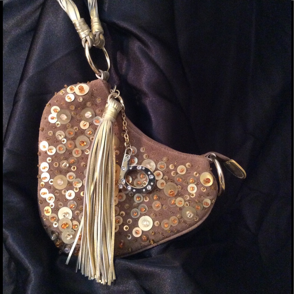 Bebe Gold & sequence heart purse w/tassel