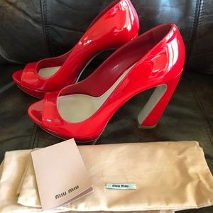 SOLD! Miu miu red open toed flare heels
