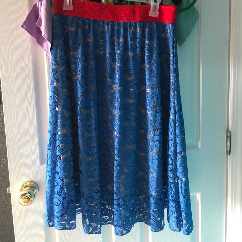 NWT Lularoe Lola blue lace, red waistband.