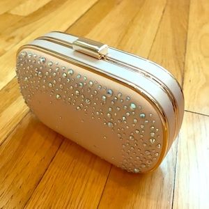 Crystal studded satin evening clutch