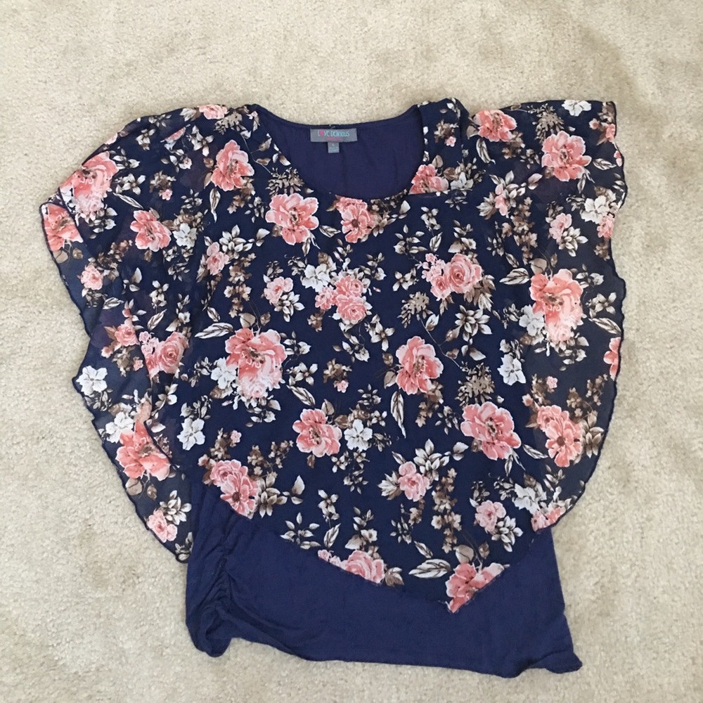 Maternity navy top with attached floral overlay