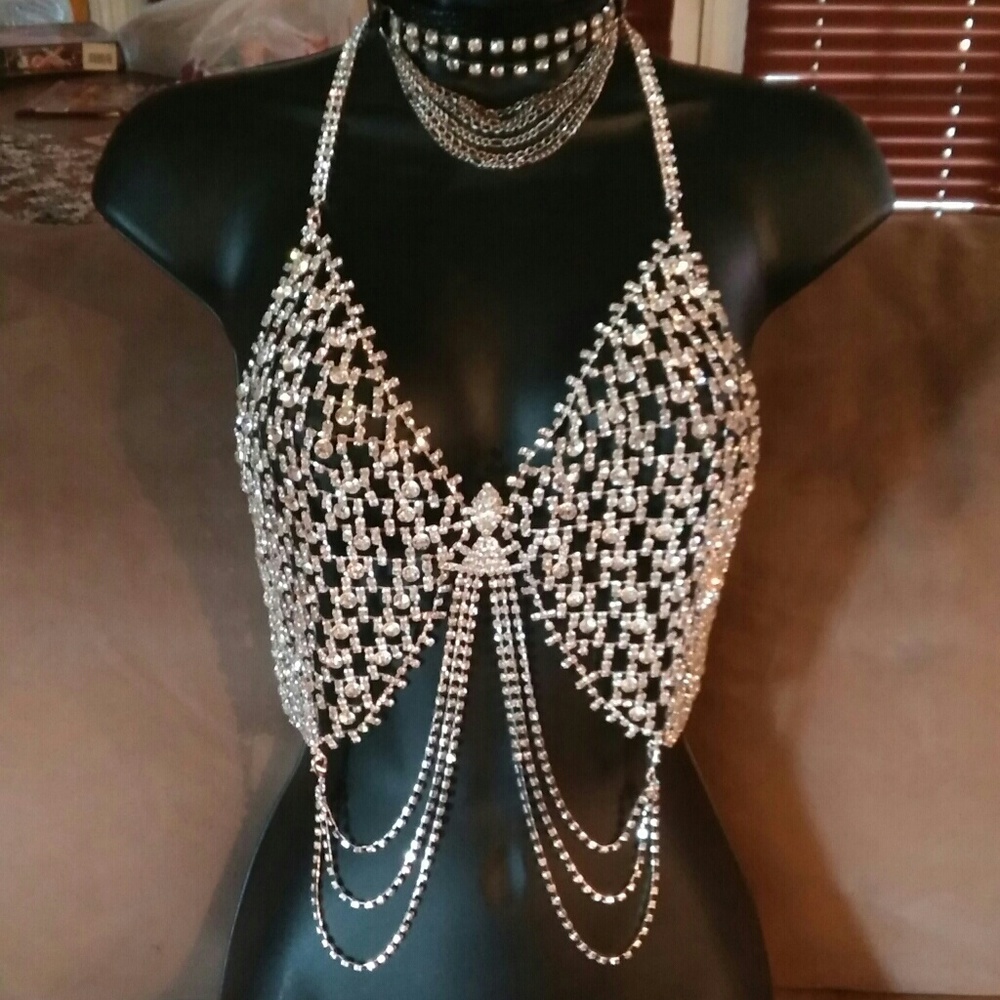 Desire Collection rhinestone body chain bra rave
