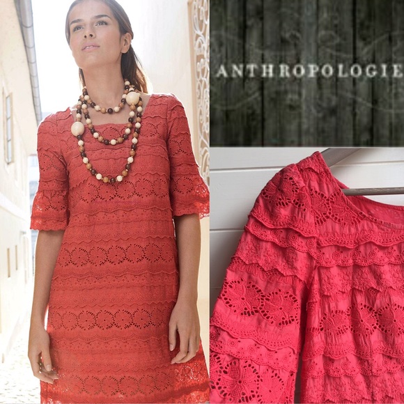 [Anthropology] Coral Pink Crocheted Lace Dress - Picture 2 of 8