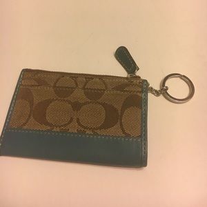 NWOT Coach Teal/Tan Leather/Fabric Coin/Key Holder