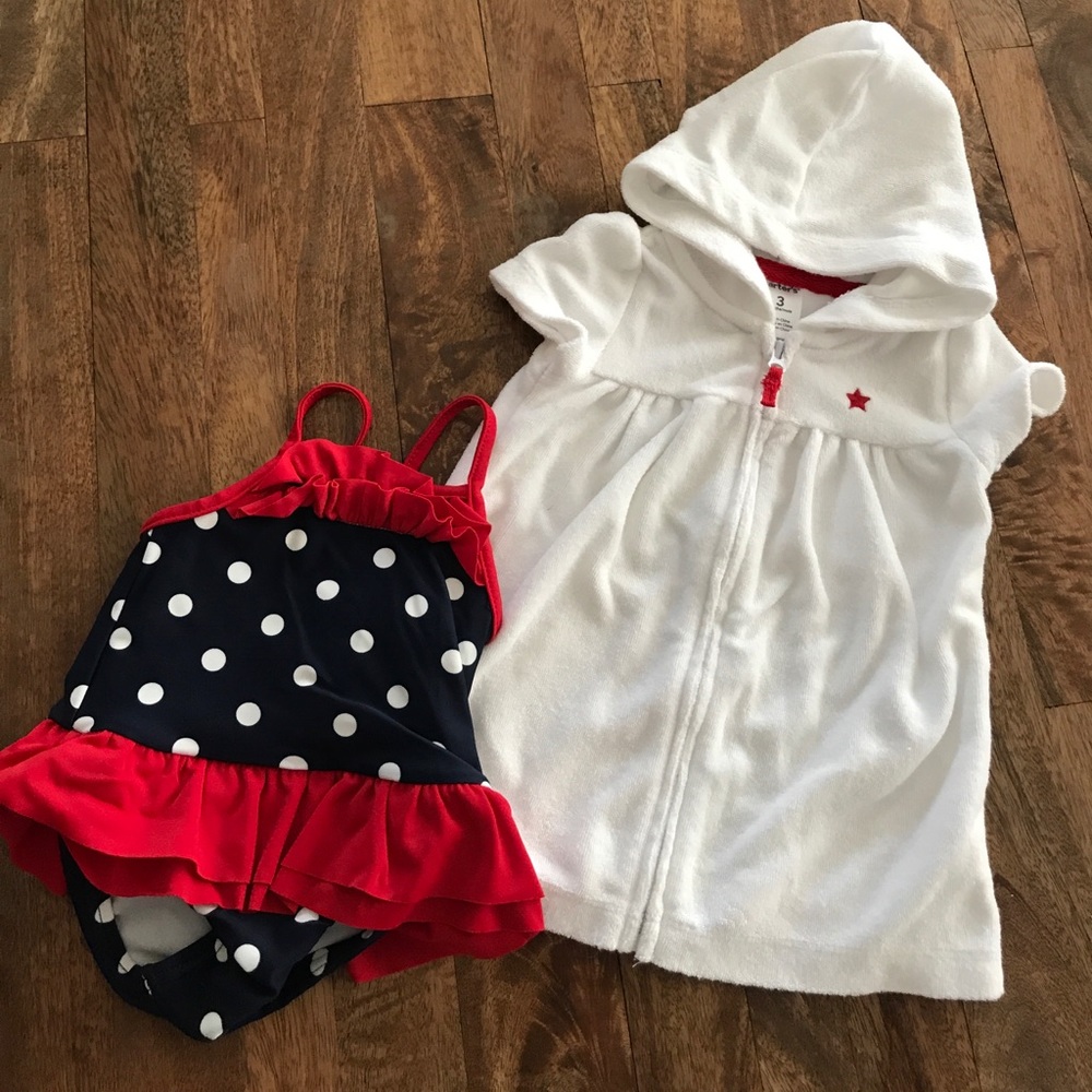 Matching red white and blue bathing suit set.