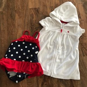 Matching red white and blue bathing suit set.