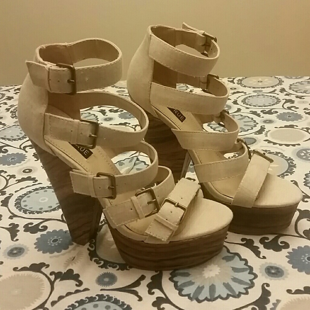 Strappy linen platform heels