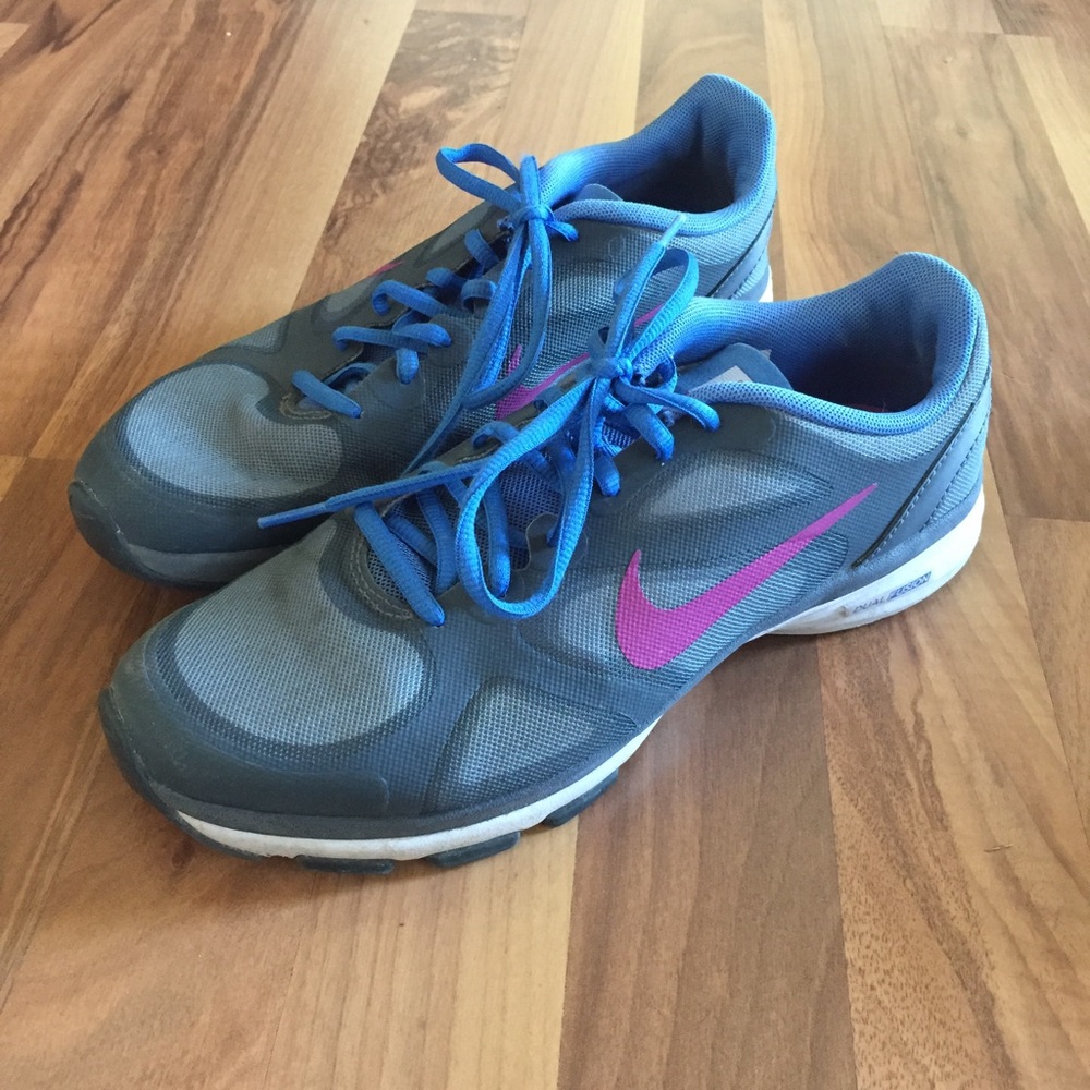 Blue and purple Nike shoes