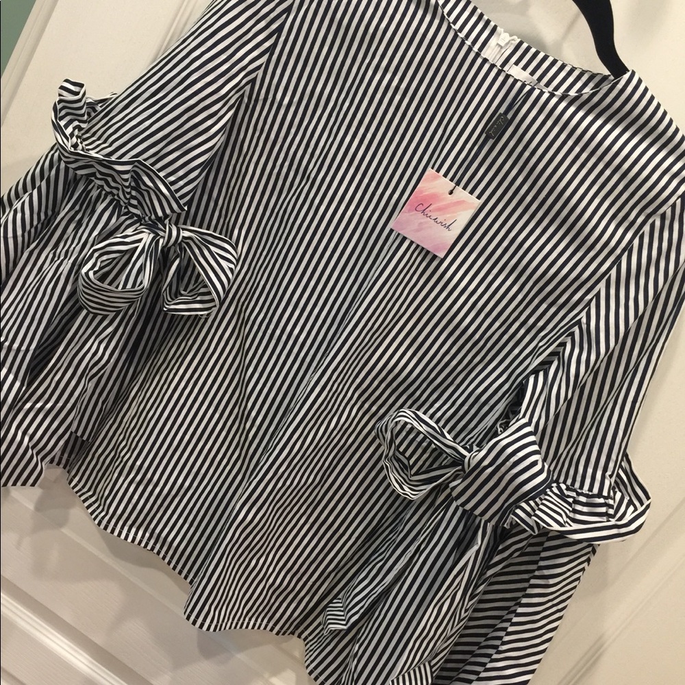 Navy and White Striped Trumpet Bow Sleeve Blouse