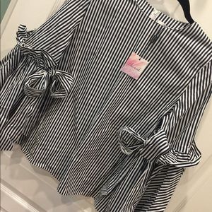 Navy and White Striped Trumpet Bow Sleeve Blouse