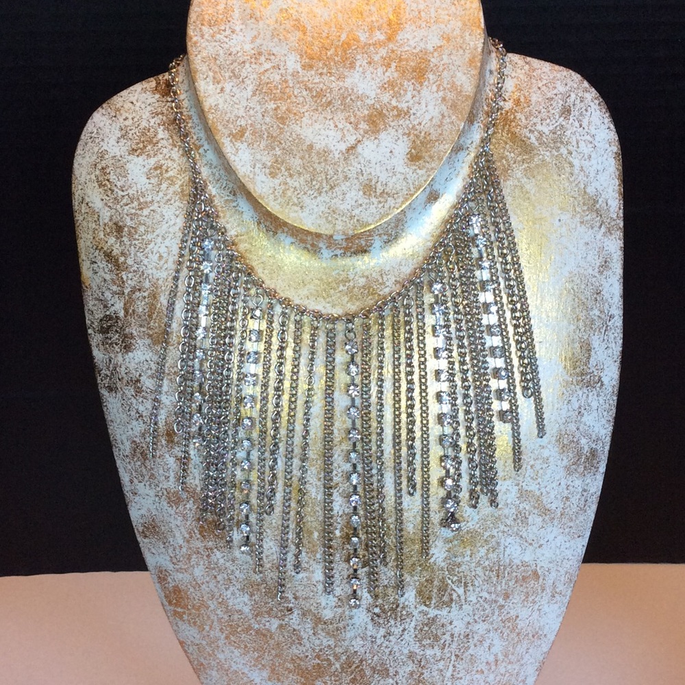 Silver Rhinestone Chain Choker Statement Necklace - Picture 1 of 4