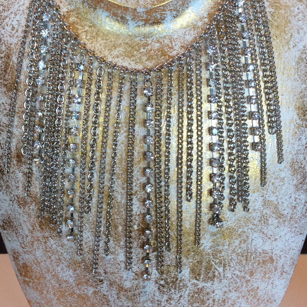 Silver Rhinestone Chain Choker Statement Necklace - Picture 3 of 4
