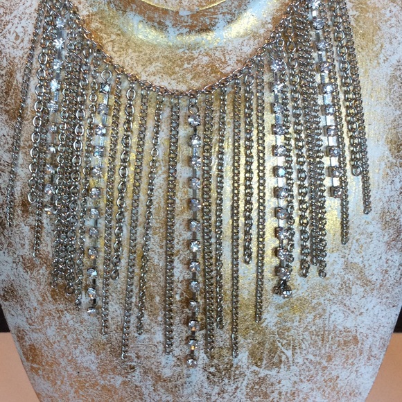 Silver Rhinestone Chain Choker Statement Necklace - Picture 3 of 4