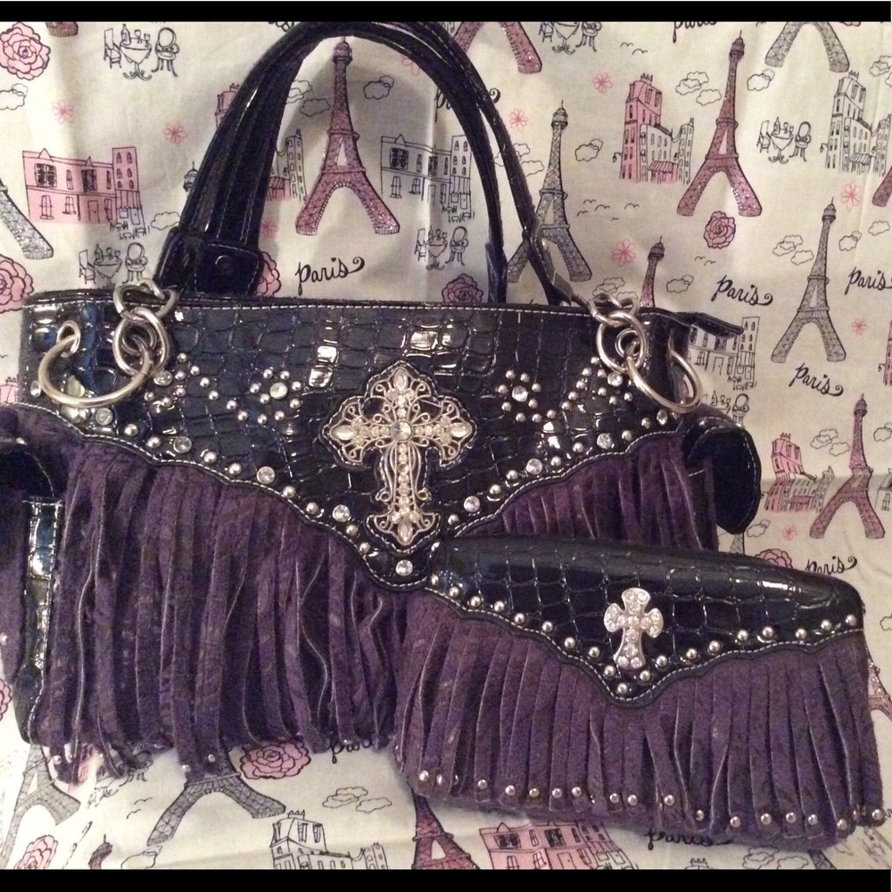 Purple suede fringe w/cross purse & wallet