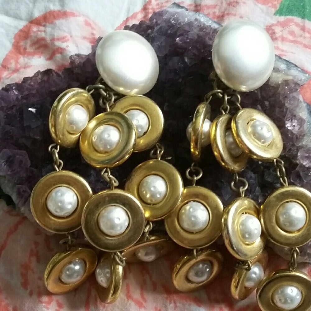 Vintage long gold and pearl colored clip ons