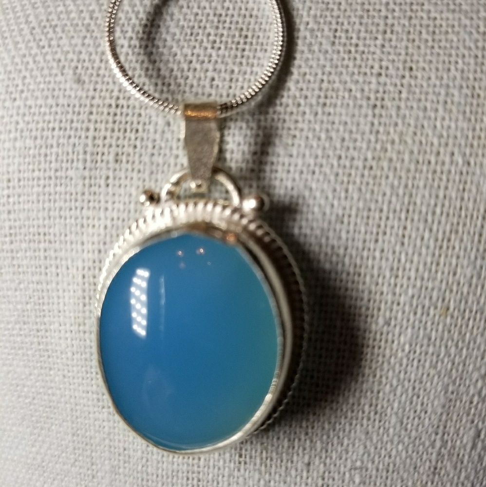 Sky Blue Chalcedony Pendant Necklace 925 Silver