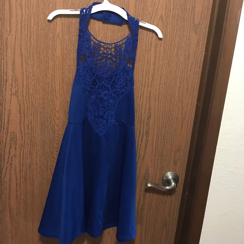 Royal blue halter skater dress with laced front