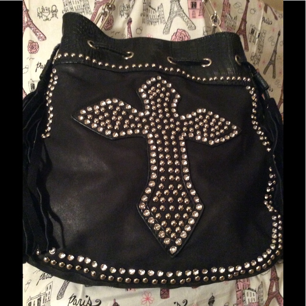 Leather RHINESTONE CROSS PURSE w/fringe on side
