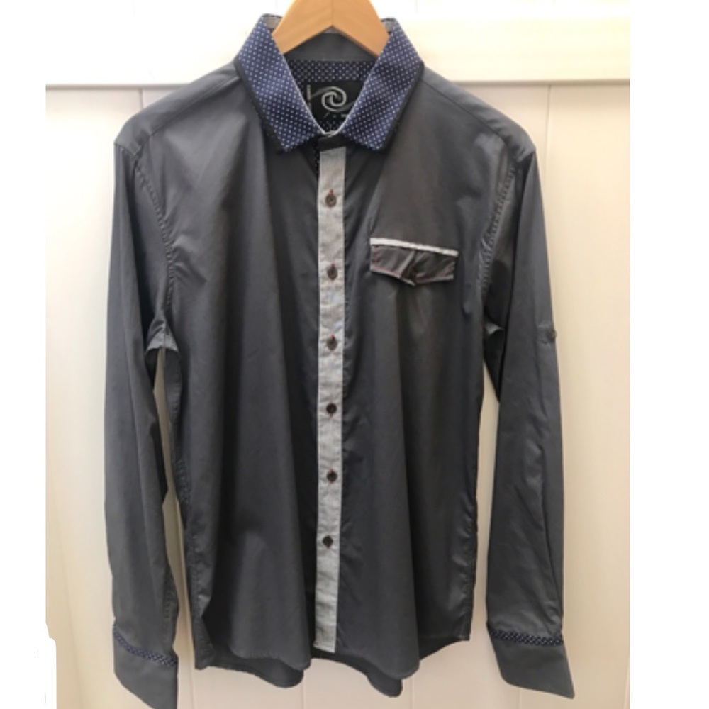 Grey with navy polka dot detail shirt