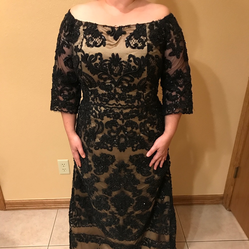 Gold with black lace evening gown
