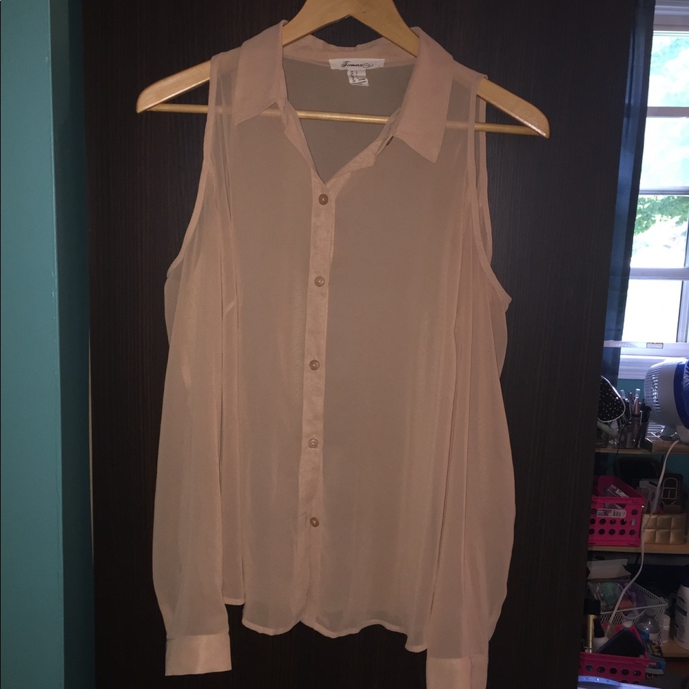 Tan cold shoulder sheer long sleeved shirt