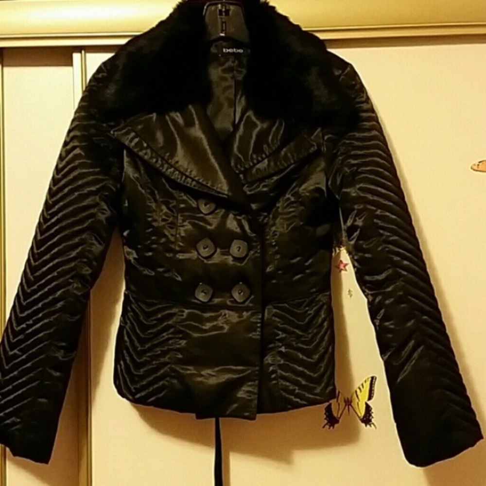 Bebe black satin jacket with fur trim