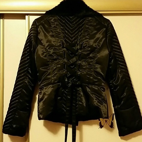 Bebe black satin jacket with fur trim - Picture 2 of 2