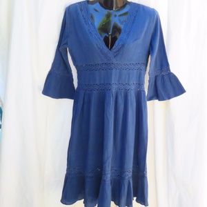 H & M Dusty Blue Lace V-Neck Peasant Dress