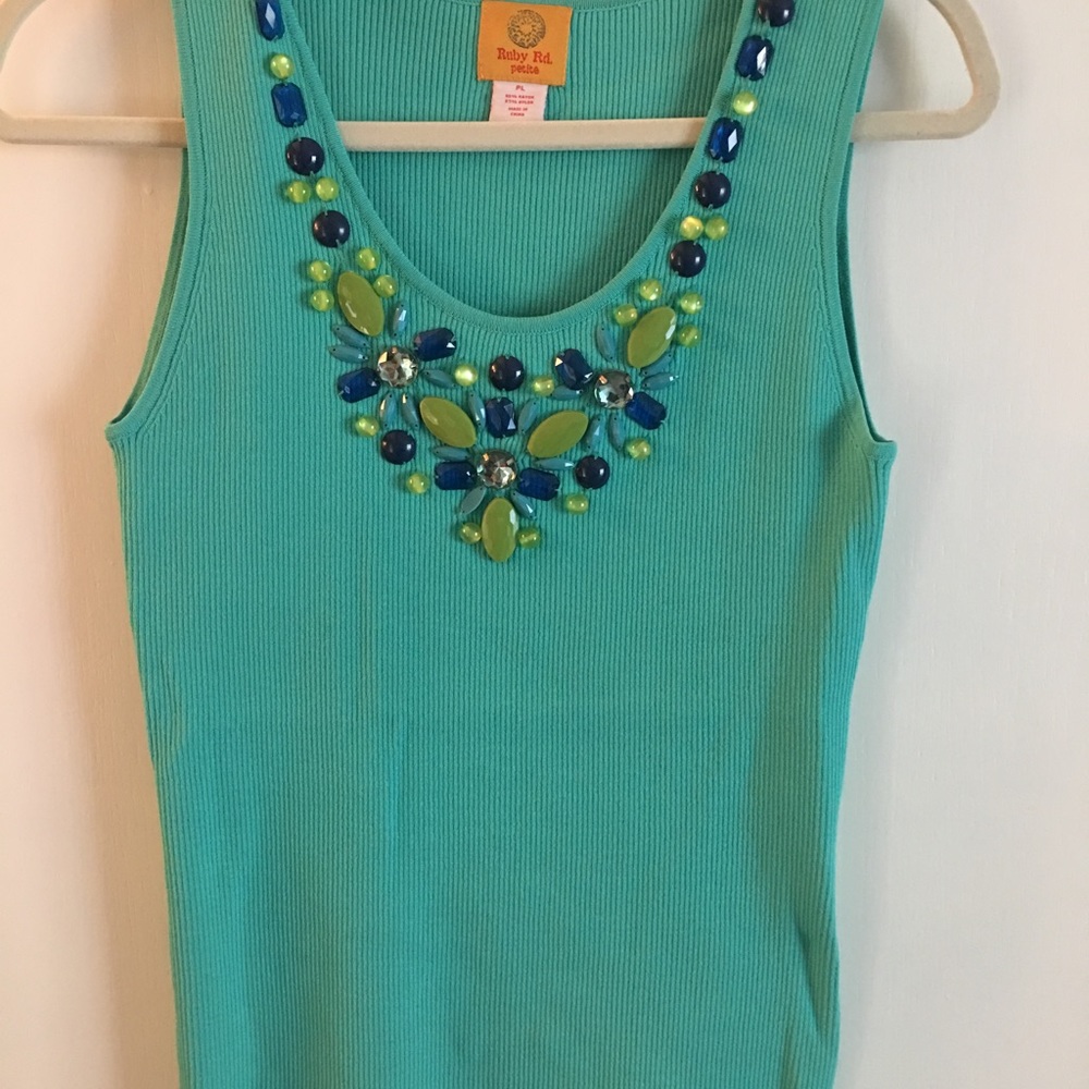 turquoise rib Jeweled-tank top