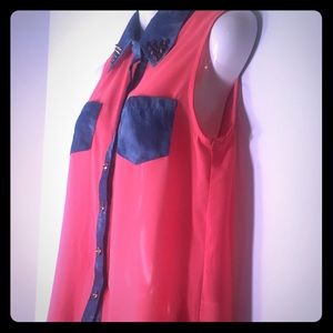 NWOT ••SPIKED CORAL DENIM BLOUSE