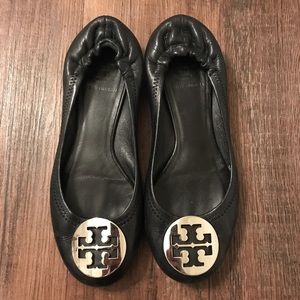 Tory Burch Black Reva Flat with Silver, 7M