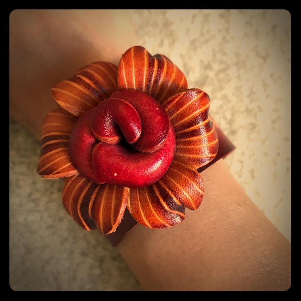 HANDMADE burgundy leather flower cuff bracelet