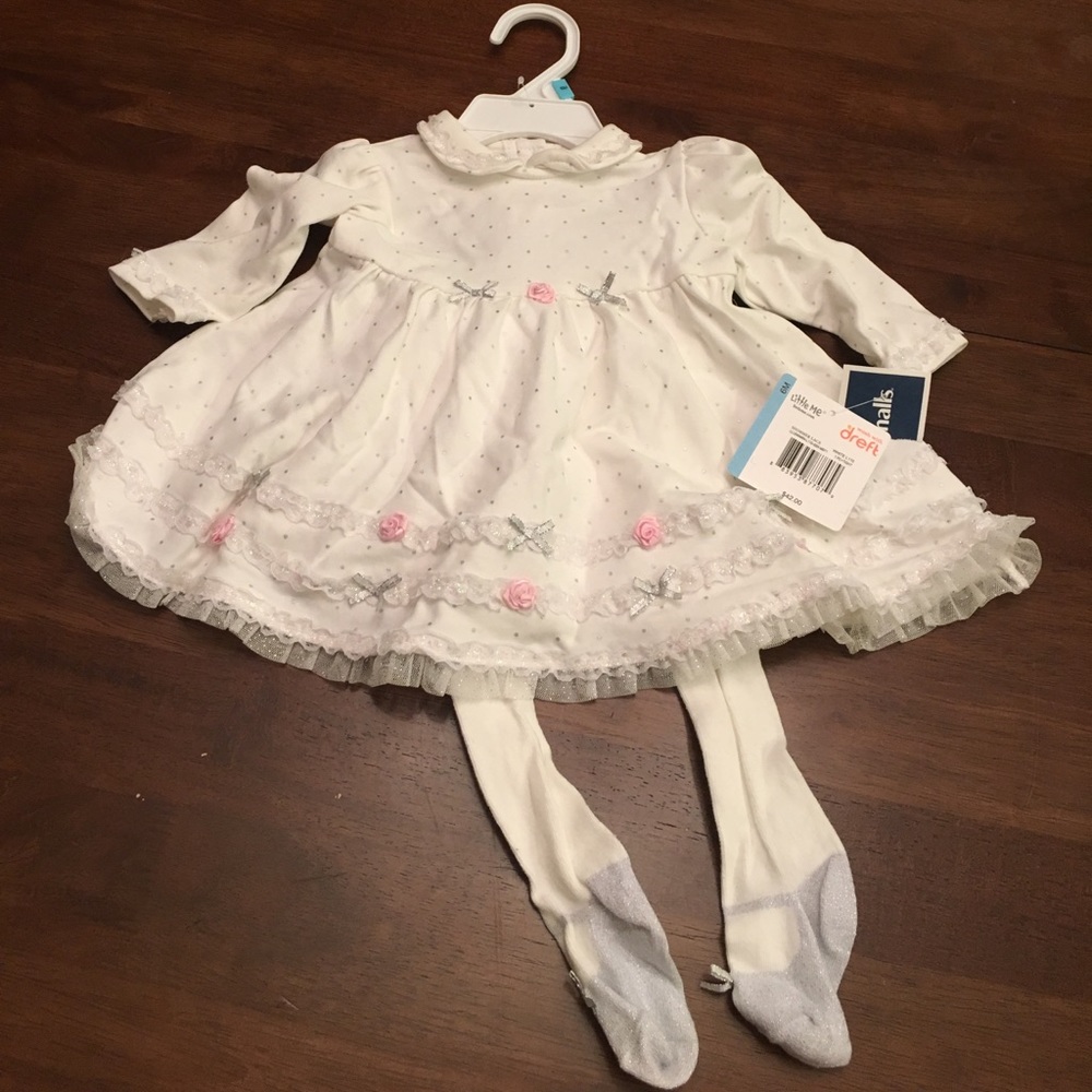 Little Me Roses and Bows White Dress with Tights