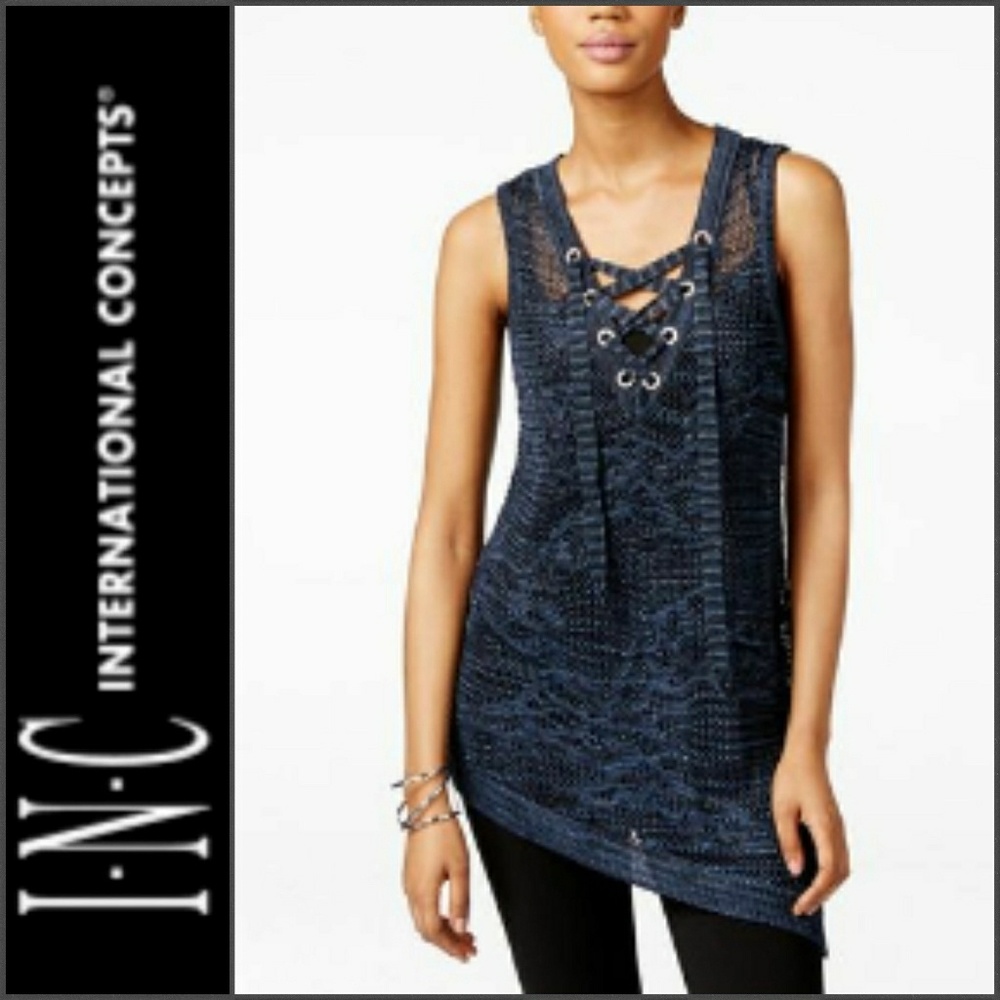 New INC Navy Metallic Open Knit Lace -Up Tunic