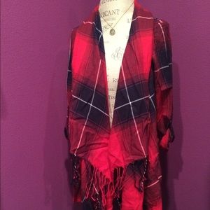 Polly and Esther Plaid open Jacket with fringe