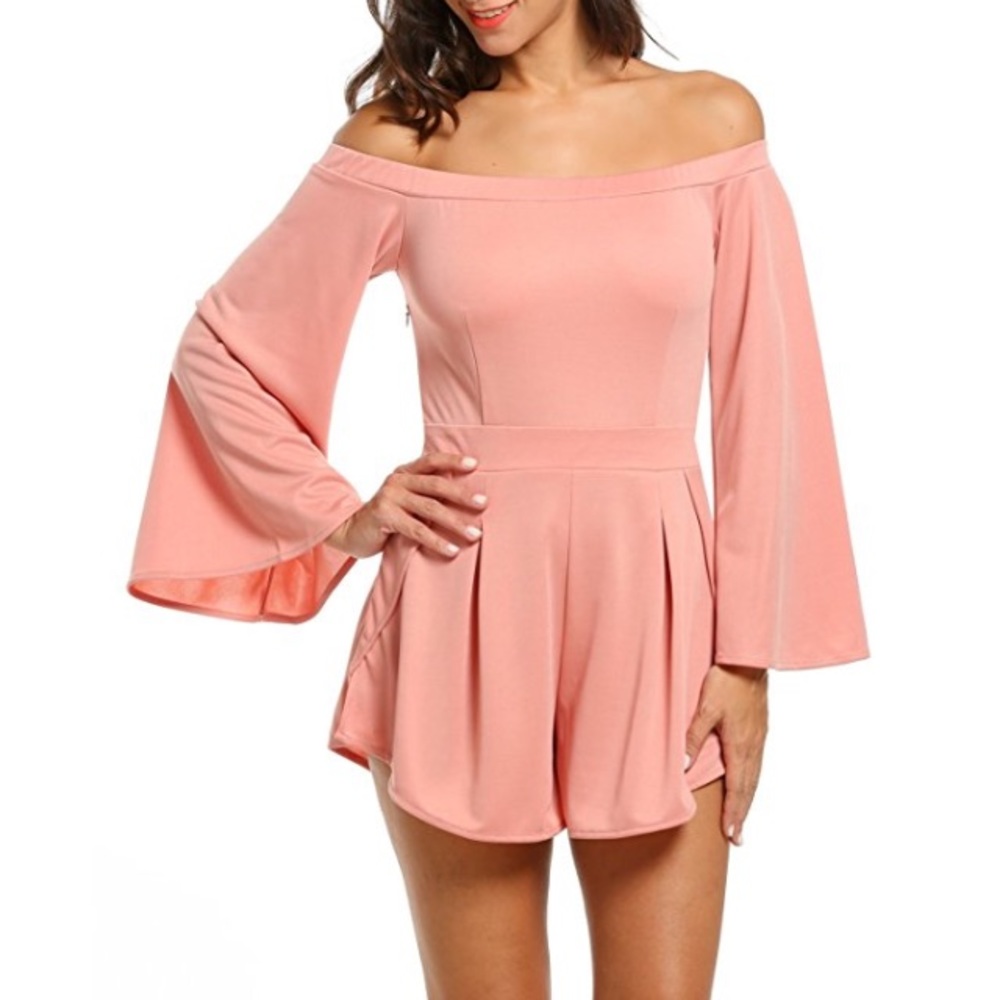 💥 LAST ONE Off Shoulder Bell Sleeve Blush Romper - Picture 1 of 4