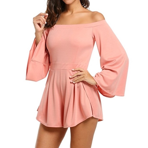 💥 LAST ONE Off Shoulder Bell Sleeve Blush Romper - Picture 3 of 4