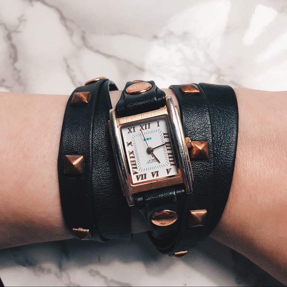 La Mer rose gold studded leather wrap watch