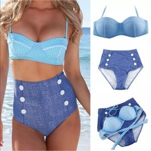 Blue polka dot Pinup bikini high waist dollbaby rockabilly retro swimsuit sailor