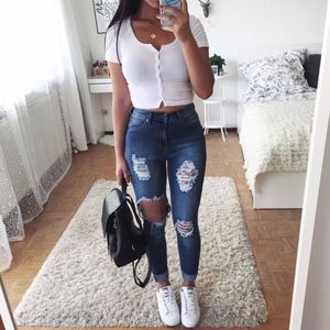 American Apparel 2x1 Rib Button Crop Top