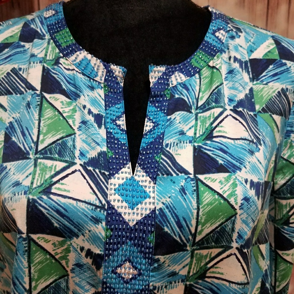 Chico's geometric print beaded tunic top - Picture 3 of 8