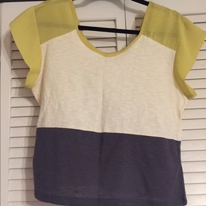 yellow white and blue short sleeve shirt