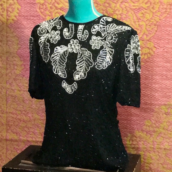 VINTAGE Black SEQUINS blouse - Picture 2 of 4
