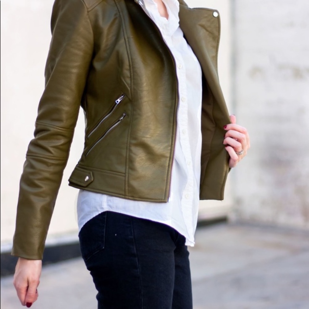 ZARA Vegan Leather Jacket w/Zips Olive Green