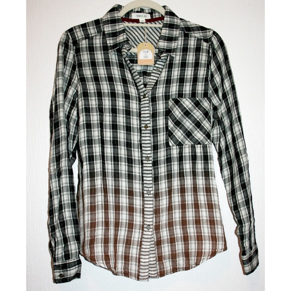 Ombre Plaid & Striped Buttonback Button Up Top NWT - Picture 3 of 8