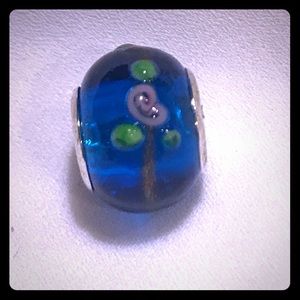 Blue Glass Bead Charm w/ Flower Design