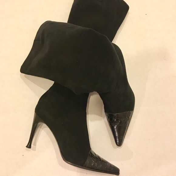 Sergio Rossi Black Suede Croc Toe Royal Boot - Picture 1 of 8