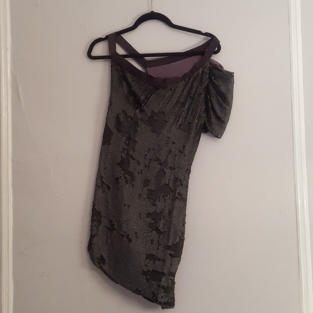 Charcoal Sequin off the shoulder party dress