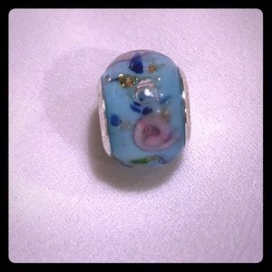 Light Blue Glass Bead Charm with Rose